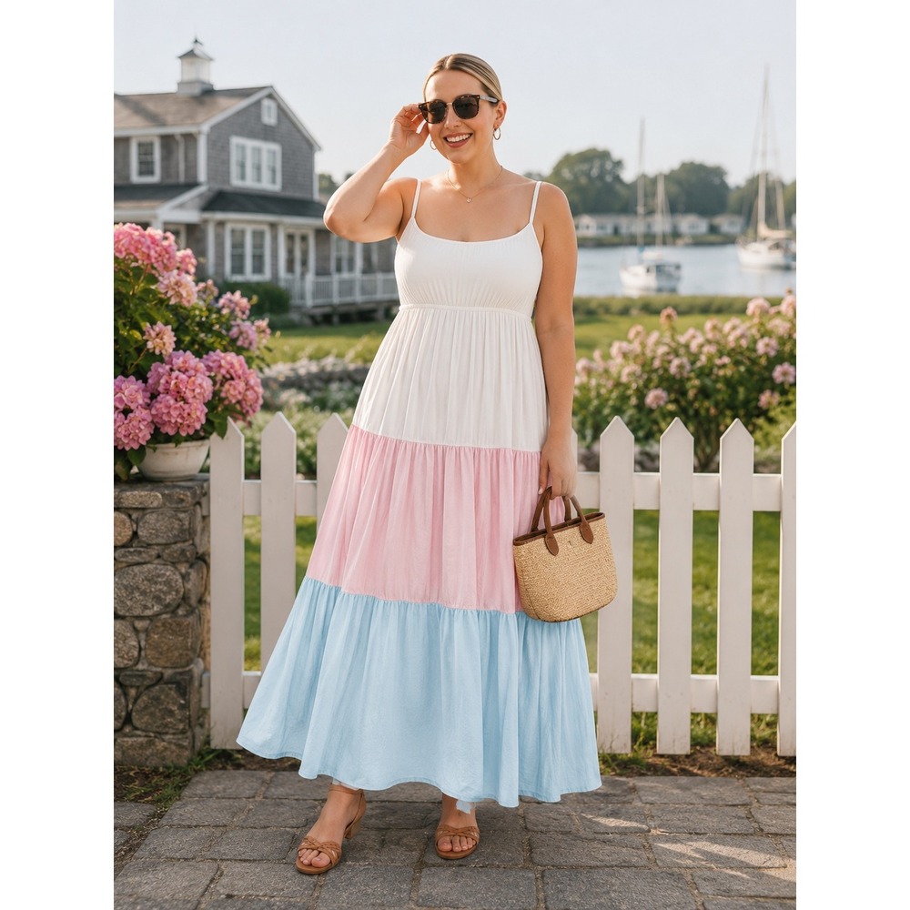 Torrid 1X Colorblock Maxi Dress L White Pink Blue Tiered Braided Strap Pocket